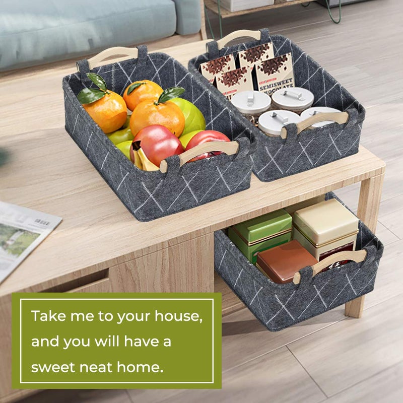 KWLET Small Storage Baskets Foldable Rectangle Containers Empty Gift Basket for DVD CD Record Cord Books Video Electronics Items Remote TV Cabinet Organizer with Wooden Handles - Image 4